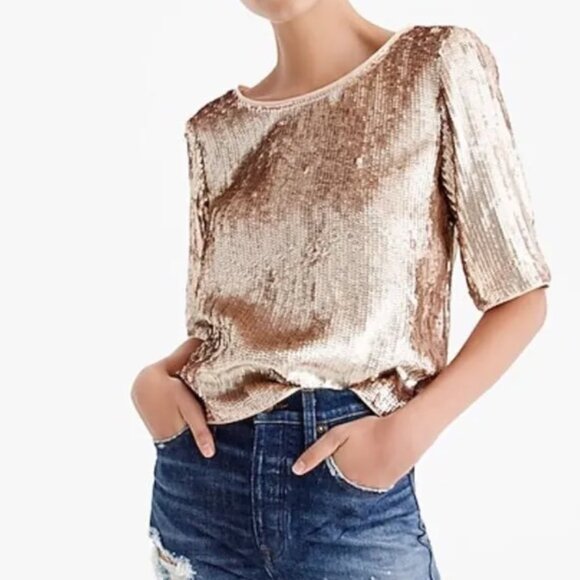 NWT J. Crew Tall Sequin Cropped Top Rose Gold Womens 12T Half Sleeve H4429 - Picture 3 of 9